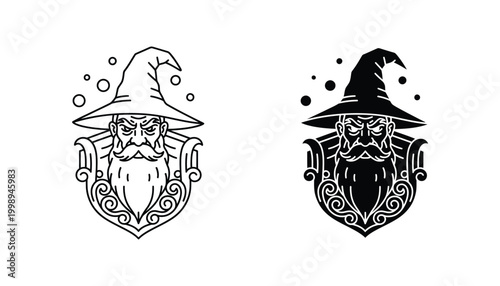 Wise wizard head portrait with beard and magical aura in outline and solid black vector style for fantasy gaming and book branding