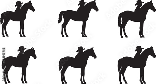 Collection of rider silhouettes sitting on a horse in various poses isolated on white background