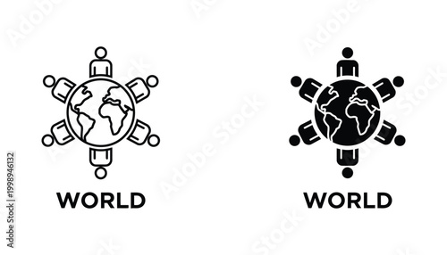 Global world connection icon set with people surrounding the earth in line and solid styles for international networking platforms
