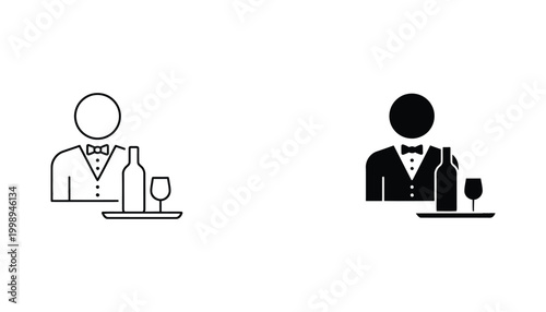 Professional waiter with wine bottle and glass on tray icon in line and solid versions for restaurant and hospitality industry services