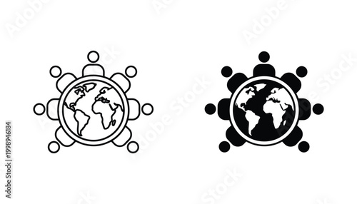 Global teamwork collaboration icon featuring people around the world globe in outline and solid styles for international business networks