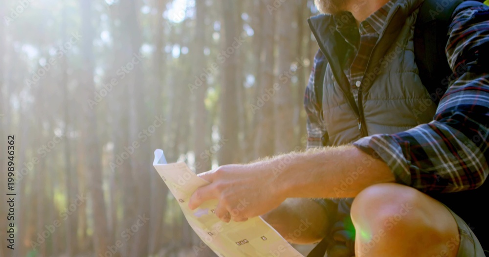 Fototapeta premium Crouching hiker wearing plaid shirt and vest holding map in conifer forest, backpack, copy space