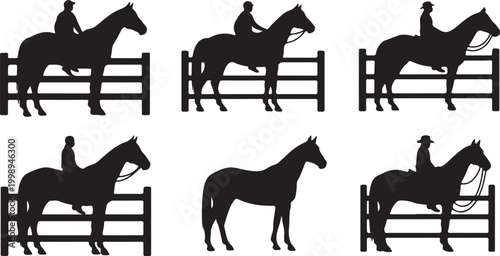 A collection of black silhouettes showing riders on horses by a wooden fence in rural setting.