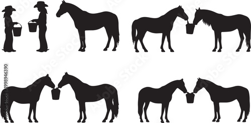 Collection of black silhouettes depicting people feeding horses with buckets in a farm yard.