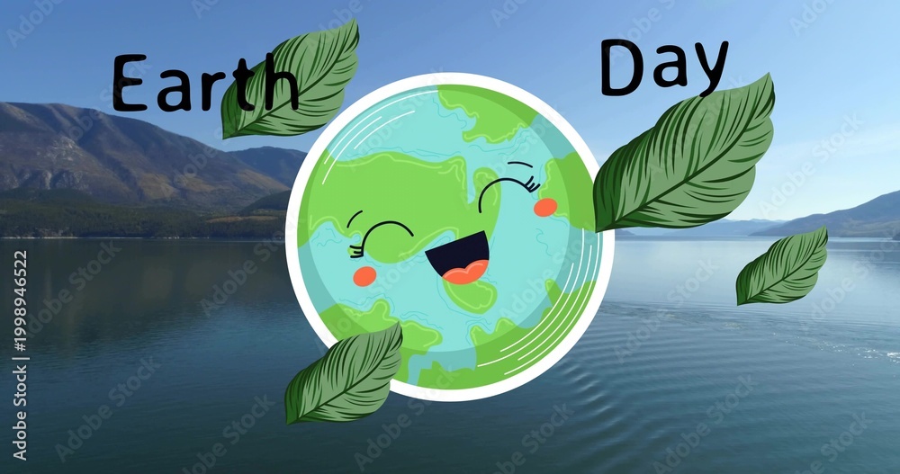 Fototapeta premium Floating cartoon Earth winking over lakeside mountains with leaves and hand-drawn Earth Day text