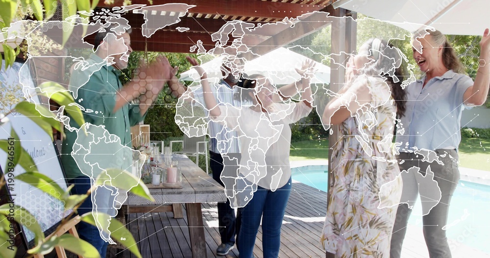 Obraz premium Clapping family gathering under pergola on deck, around picnic table in casual clothes, map overlay