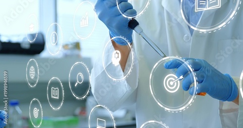 Technician in lab coat and blue gloves pipetting orange liquid with micropipette at bench AR icons