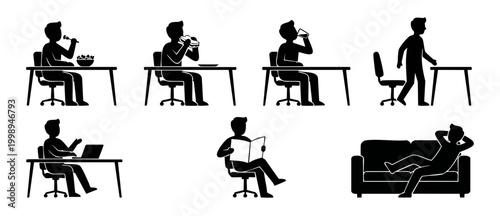 Man daily routine silhouette icons set, office break and home activities collection featuring eating, drinking, working, reading and relaxing on sofa for infographic or web design interface elements.