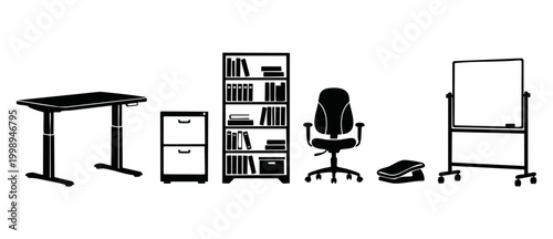 Office furniture icons set, modern workspace desk, cabinet, bookcase, chair, and whiteboard isolated black silhouettes for interior design planning, productivity equipment and professional workplace s