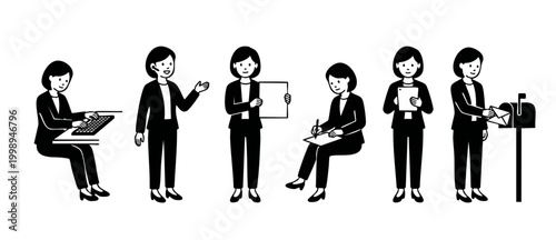 Business Woman Office Activities Set, Professional Female Characters Working, Writing, Presenting and Mailing in Minimalist Black and White Line Art Style for Corporate Communication and Presentation