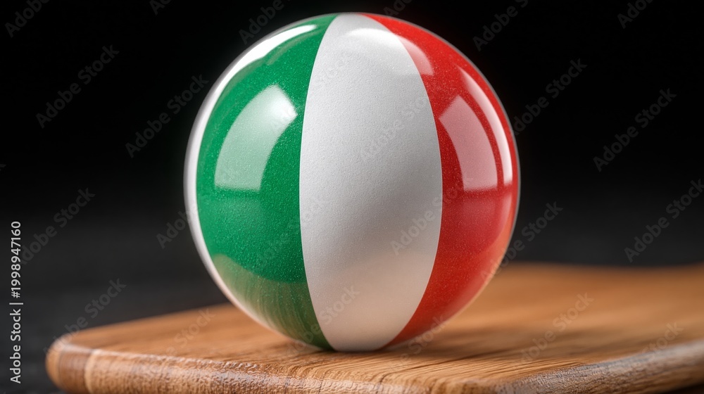 Fototapeta premium Glossy sphere featuring the Italian flag design, resting on a wooden surface with a dark background, highlighting vibrant colors and smooth texture