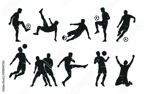 Soccer player silhouettes with flaming fire balls set