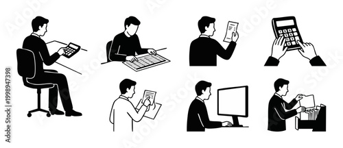 Accountant working with financial documents set, accounting icons, business professional analyzing data, calculator, tax form, spreadsheet and digital monitor, flat black and white vector illustration