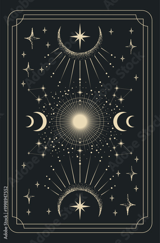 Magical background for astrology, tarot. Black postcard with a frame in a bohemian design, moon phases stars, copy space. Magic vector illustration