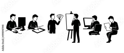 Graphic Designer Workflow Icons Set, Professional Creative Artist Character Poses, Digital Drawing, Painting, and Concept Development for Business Projects, Minimalist Vector Illustration Collection