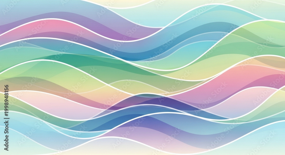 Fototapeta premium A colorful abstract vector graphic featuring wavy lines in pastel shades of pink blue green and purple on a light background vector