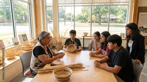 Native American Elder Instructing Teenagers in Traditional Basket Weaving Workshop