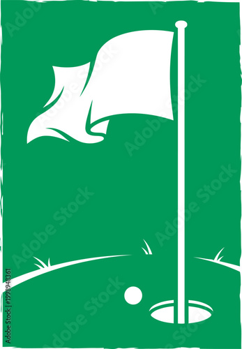 A minimalist flat vector of a white golf flag waving above a hole with a ball nearby on a textured green background. This clean graphic depicts a successful putt and the final goal on a golf course.