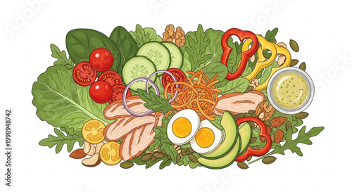 A vibrant and colorful illustration of a fresh salad with various vegetables fruits nuts and proteins on a white background vector