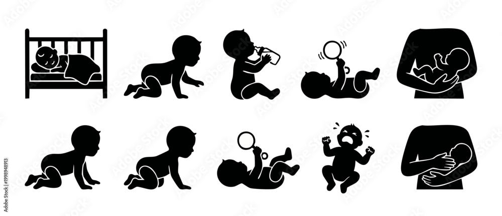Fototapeta premium Baby Icons Set Silhouette Collection for Newborn Care, Development, and Parenting Activities. Includes sleeping infant, crawling baby, feeding, crying, and mother holding child vector graphic design e