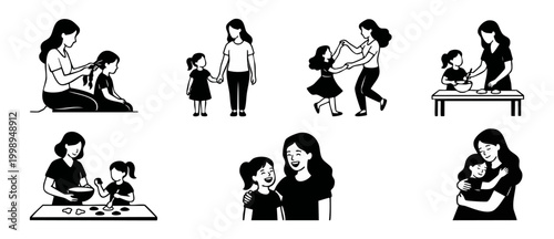 Mother and daughter activities collection, flat vector icons set for family lifestyle concepts, happy parent and child moments of care, love, cooking, dancing and hugging in black and white illustrati