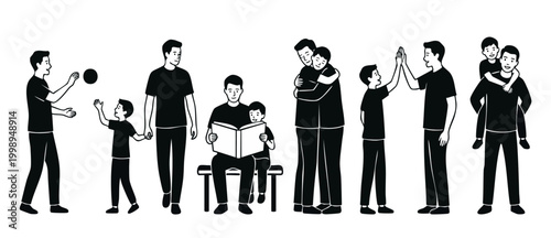 Father and son activities set, dad spending quality time with child, flat black and white vector illustration, parenting moments, hugging, playing ball, reading book, high five and piggyback ride pose