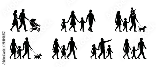 Family silhouettes walking collection, parents and children isolated set, mother father and kids group walking with baby stroller and dog, happy lifestyle scenes on white background for graphic design