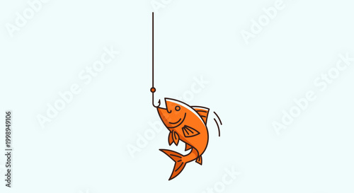 Orange fish caught on fishing hook, isolated on light blue background
