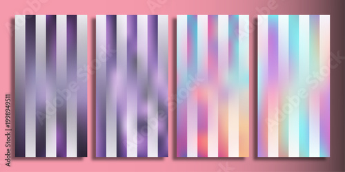 Holographic vertical stripe background set, iridescent gradient pattern collection, 4 colorful abstract vector banners for social media stories