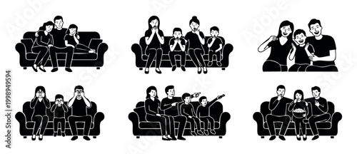 Family watching TV scenes, group of people sitting on sofa, silhouettes of parents and children with various emotions, movie night concept, home entertainment activity, vector illustration set.