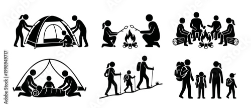 Camping family icon set, summer outdoor activity symbols for hiking and tent setup. Pictograms of people roasting marshmallows, walking with backpacks, and sleeping in tent for travel and vacation.