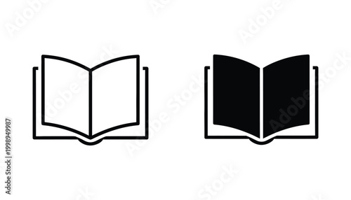 Open book icon in outline and solid black style for education and library projects