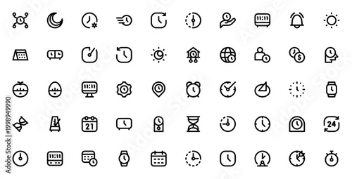 Time management icon set. Minimalist vector icons pack. Includes symbols for clock, timer, calendar, deadline, alarm, stopwatch, schedule and more. Editable stroke.