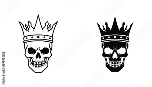 Minimalist skull with crown icon set featuring two distinct graphic styles for gothic fashion branding and dark art print media