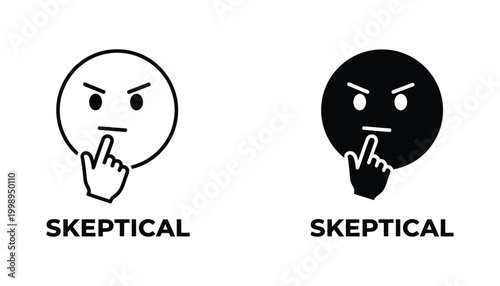 Skeptical face icon outline and solid fill with finger on lips for doubt or secrecy concept illustration