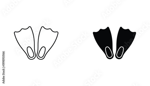 Swimming flippers icon set with outline and solid black variations for water sports and recreational diving equipment design
