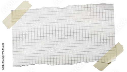 Billede på lærred Torn graph paper sheet with grid lines secured by beige tape, isolated on transp