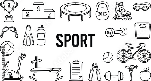 Sport fitness equipment icons, trophy, podium, trampoline, kettlebell, rollerblades, goggles, flipper, water bottle, volleyball, exercise bike illustration