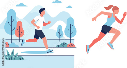 Running illustration, outdoor jogger in nature, sprinter athlete in motion, fitness exercise artwork, healthy lifestyle sport design