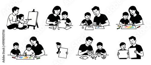 Parents and children creative activities set, kids art and craft, family hobbies drawing, painting, paper cutting and origami, black and white minimalist vector illustration isolated on white backgrou