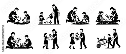Family Gardening Activities Icon Set, Parents and Children Planting Vegetables and Flowers in the Garden, Vector Silhouette Illustration of People Working Together, Sustainable Lifestyle and Hobby Con