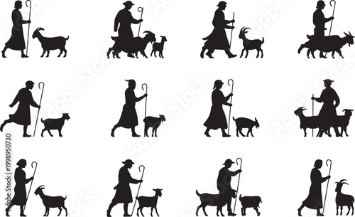 Shepherd Walking with Goats Silhouette Set Featuring Rural Farming Life, Herding Animals, Traditional Agriculture and Countryside Livestock Vector Collection