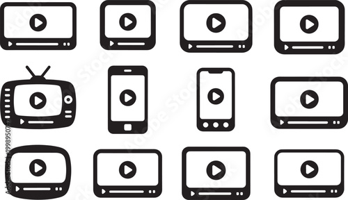 Video Player Screen Icon Set with Media Playback Interfaces, Streaming Displays, Mobile Devices, TV Screens and Digital Video UI Vector Collection