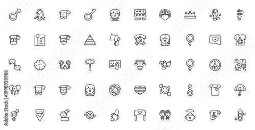 Gender identity icon set. Vector symbols for LGBTQ+ pride, diversity and equality. Includes man, woman, transgender, bisexual, pansexual, non-binary, rainbow, love, respect and more.