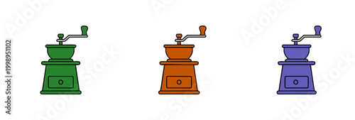 Coffee Grinder Icon Set, Manual Bean Mill Vector Graphics, Retro Kitchen Appliance Collection in Green Brown and Blue Colors for Café Branding, Barista Equipment Design and Minimalist Culinary Art.