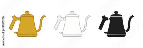 Gooseneck Coffee Kettle Icon Set, Pour Over Brewing Tool, Minimalist Tea Pot Design, Gold Silver and Black Outline Graphics for Barista Menu, Cafe Equipment Vector Illustration, Coffee Maker Collectio