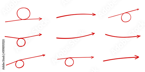 Collection of hand-drawn red doodle arrows with circular elements, isolated on white background, design elements for graphic design, web UI, sketches and abstract diagrams