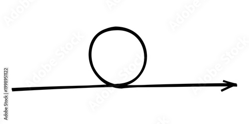 Minimalist hand-drawn circle with a straight line arrow crossing through, black stroke illustration on a clean white background, digital sketch for graphic design element