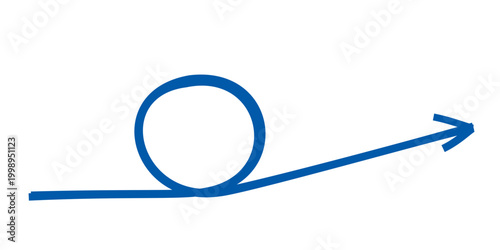Hand-drawn blue arrow with a loop isolated on white background, abstract continuous line illustration, creative direction icon for business infographic, website design