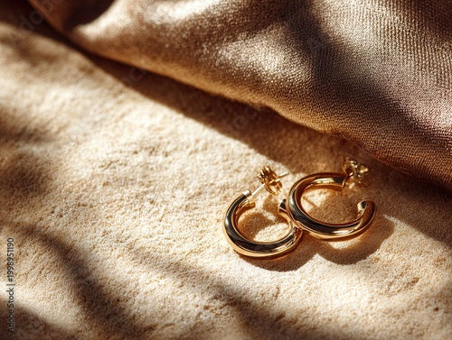 Golden hoop earrings on fabric surface.
